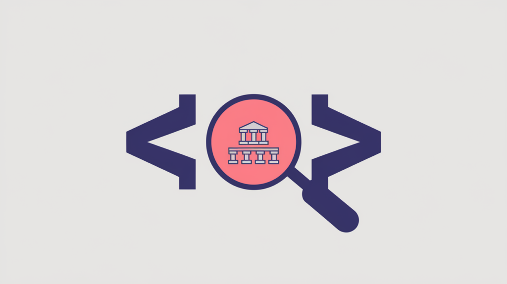 Abstract illustration of a magnifier detecting a Corporation JSON-LD schema type beside a corporate tower and org hierarchy inside code braces, in RankGear indigo and coral.
