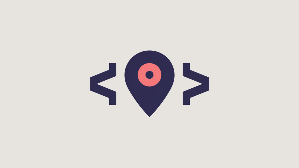 Abstract illustration of a country silhouette with a location pin inside code brackets, in RankGear indigo and coral.