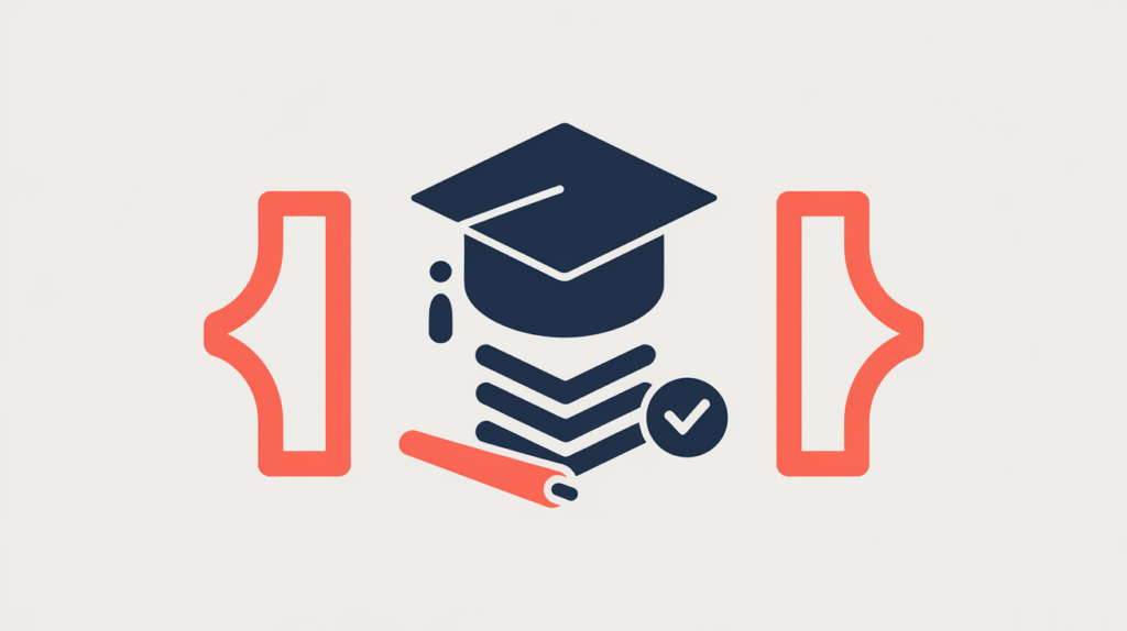 Abstract illustration of a course card inside JSON-LD curly braces with a graduation cap, in RankGear indigo and coral.