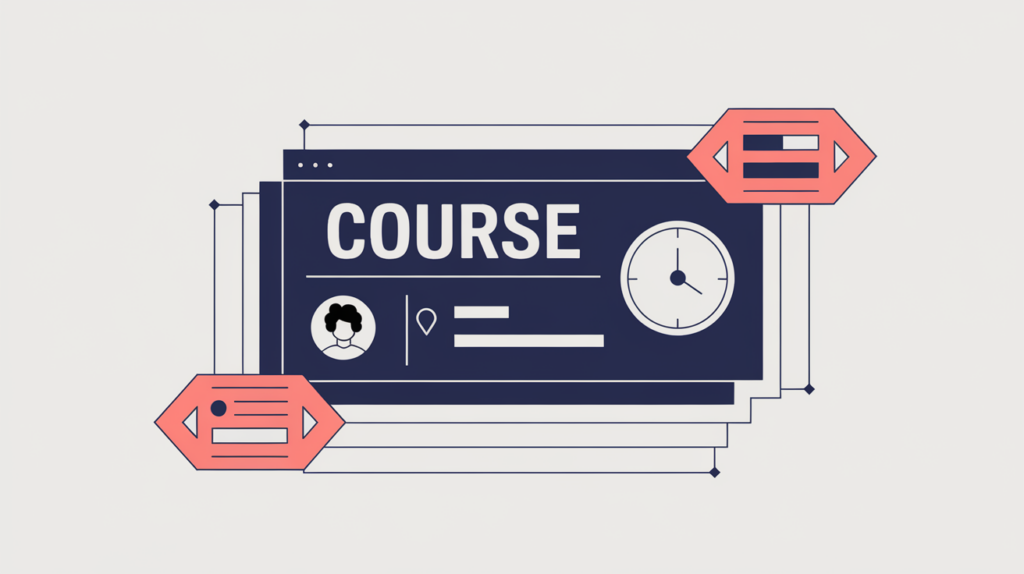 Abstract illustration of a scheduled course session wrapped in code brackets, representing JSON-LD CourseInstance structured data, in RankGear indigo and coral.