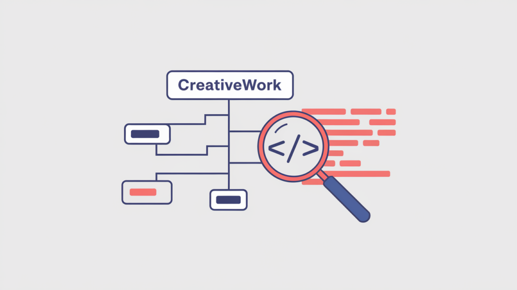 Abstract illustration of a JSON-LD CreativeWork type node detected in HTML source, in RankGear indigo and coral.