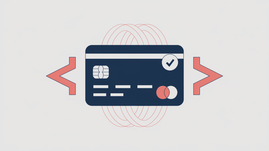 Abstract illustration of a credit-card shape framed by JSON-LD code brackets with a detection checkmark, in RankGear indigo and coral.
