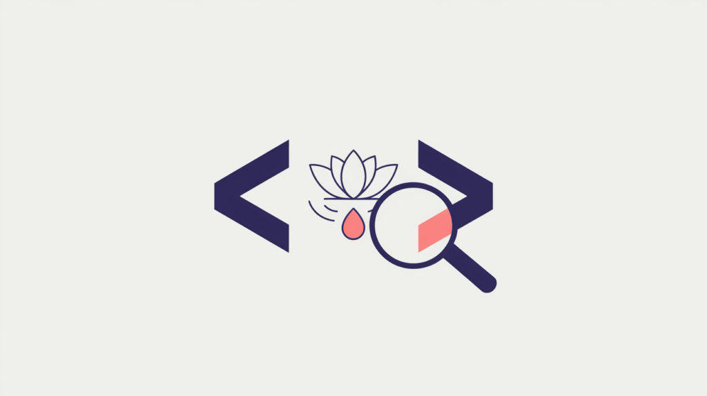 Abstract illustration of a JSON-LD code bracket enclosing a day-spa lotus emblem under a magnifier, in RankGear indigo and coral.