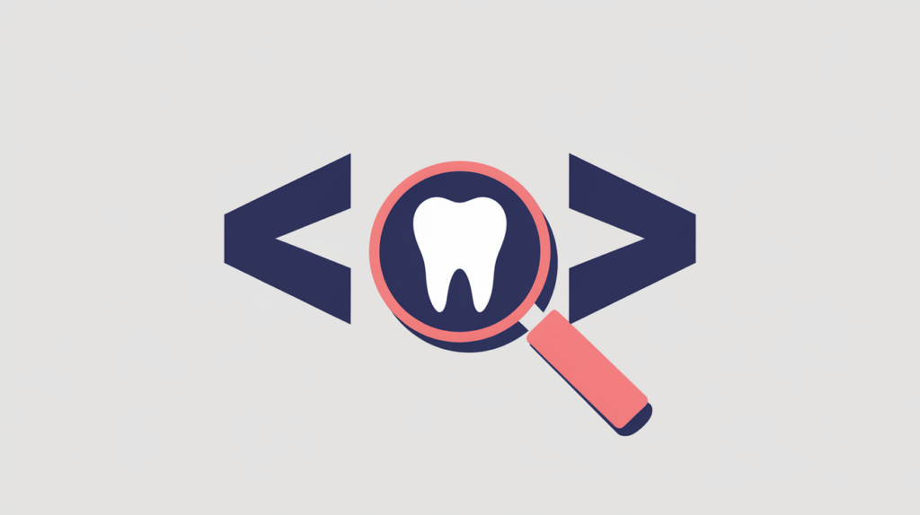 Abstract illustration of a lens detecting a Dentist schema type marker inside a JSON-LD code bracket, in RankGear indigo and coral.
