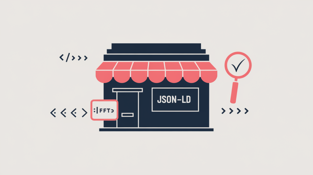 Abstract illustration of a department-store building with a JSON-LD schema type tag being detected in page source, in RankGear indigo and coral.