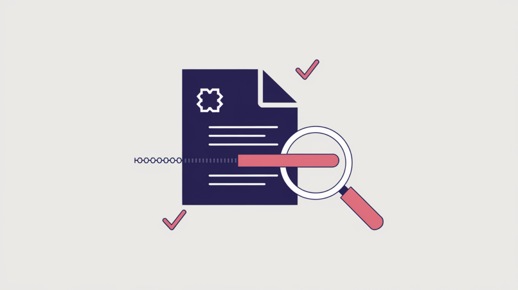 Abstract illustration of a digital document with a JSON-LD type tag being scanned for a schema match, in RankGear indigo and coral.