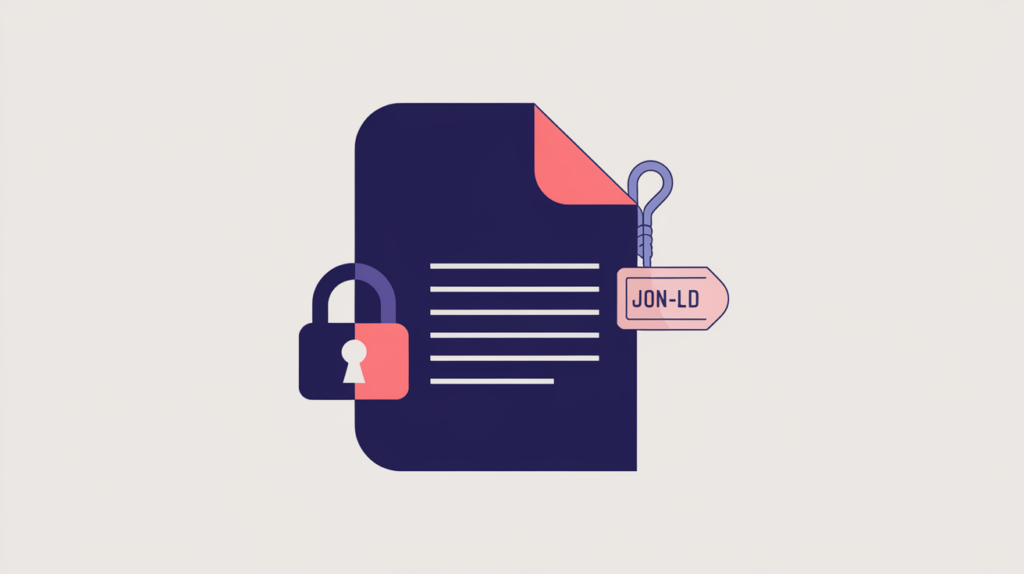 Abstract illustration of a digital document with a permission padlock and JSON-LD tag, in RankGear indigo and coral.