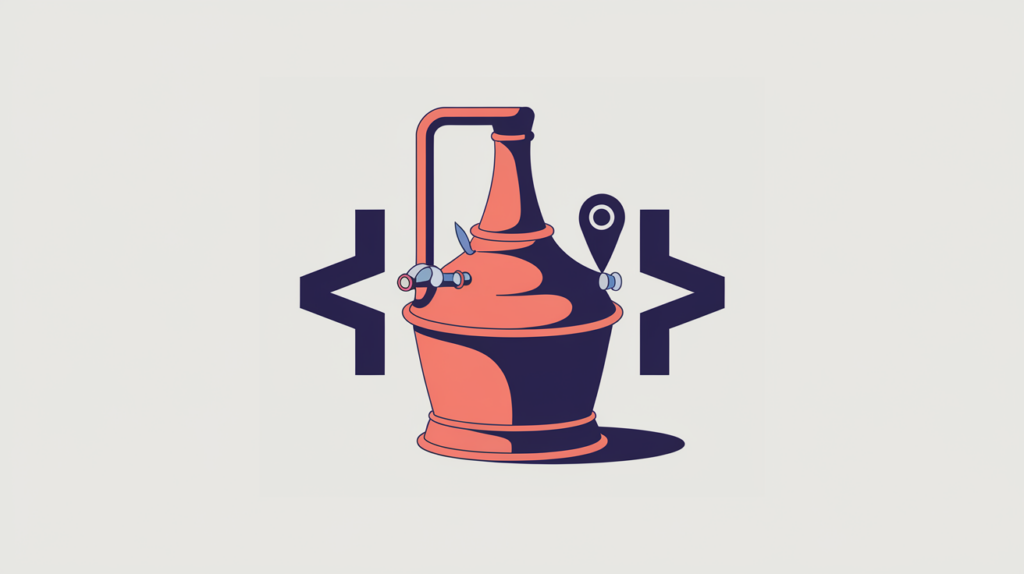 Abstract illustration of a distillery pot still and location pin fused with a JSON-LD code bracket, in RankGear indigo and coral.