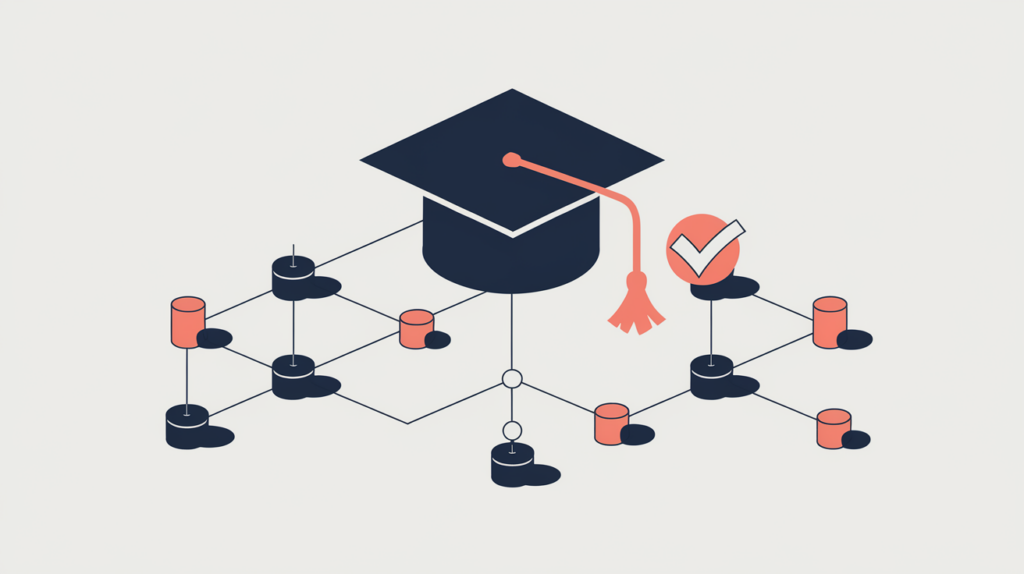 Abstract illustration of an EducationalOrganization schema type detected as a highlighted node in a knowledge graph, in RankGear indigo and coral.