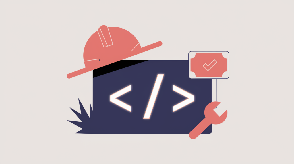 Abstract illustration of an electrician schema tag inside JSON-LD code braces, in RankGear indigo and coral.