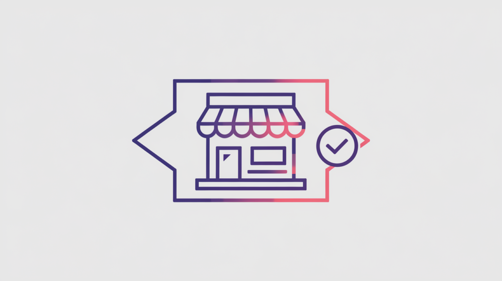 Abstract illustration of an electronics-store storefront inside JSON-LD braces with a detection badge, in RankGear indigo and coral.