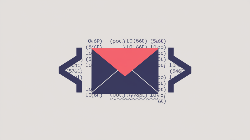 Abstract illustration of an email envelope wrapped in JSON-LD structured-data braces, in RankGear indigo and coral.