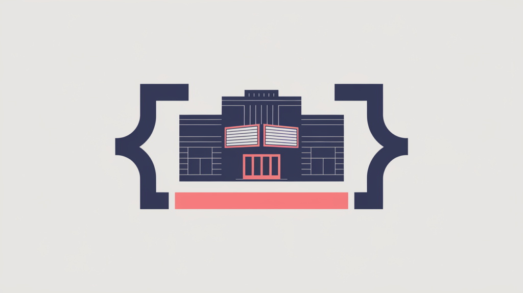 Abstract illustration of an entertainment venue enclosed in a JSON-LD schema bracket, in RankGear indigo and coral.