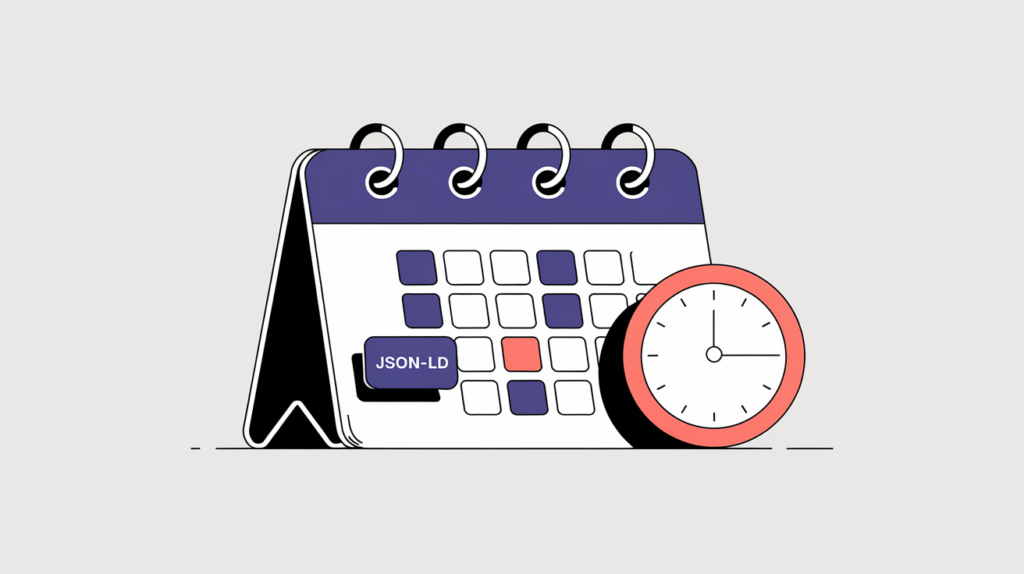 Abstract illustration of a calendar date tile tagged as a JSON-LD Event with a location pin and clock, in RankGear indigo and coral.