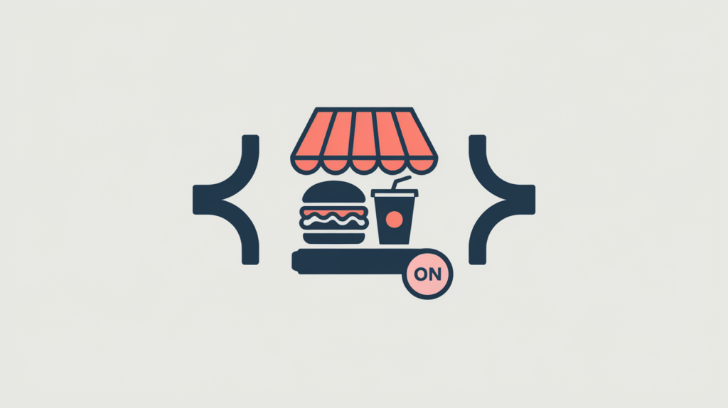 Abstract illustration of a fast-food restaurant icon inside JSON-LD code brackets with a presence toggle, in RankGear indigo and coral.