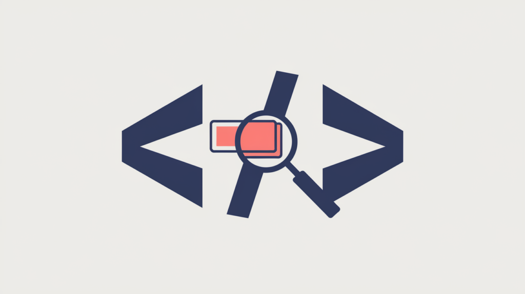 Abstract illustration of a JSON-LD code bracket wrapping a financial-product card with a magnifier detecting a schema type, in RankGear indigo and coral.