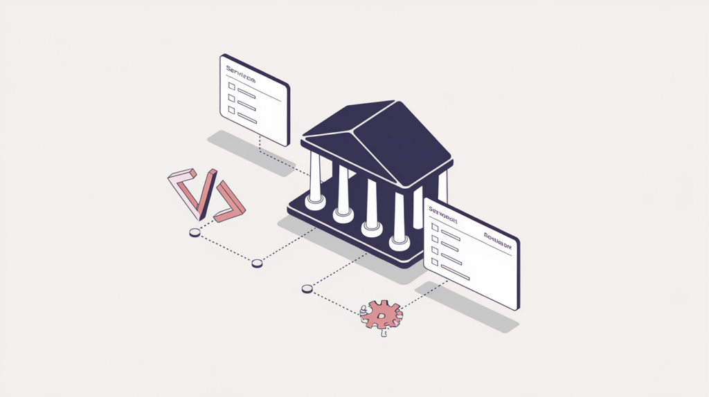 Abstract illustration of a financial-service business entity linked to a JSON-LD structured-data node, in RankGear indigo and coral.