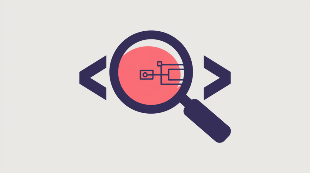 Abstract illustration of a JSON-LD FindAction search marker detected inside code braces, in RankGear indigo and coral.