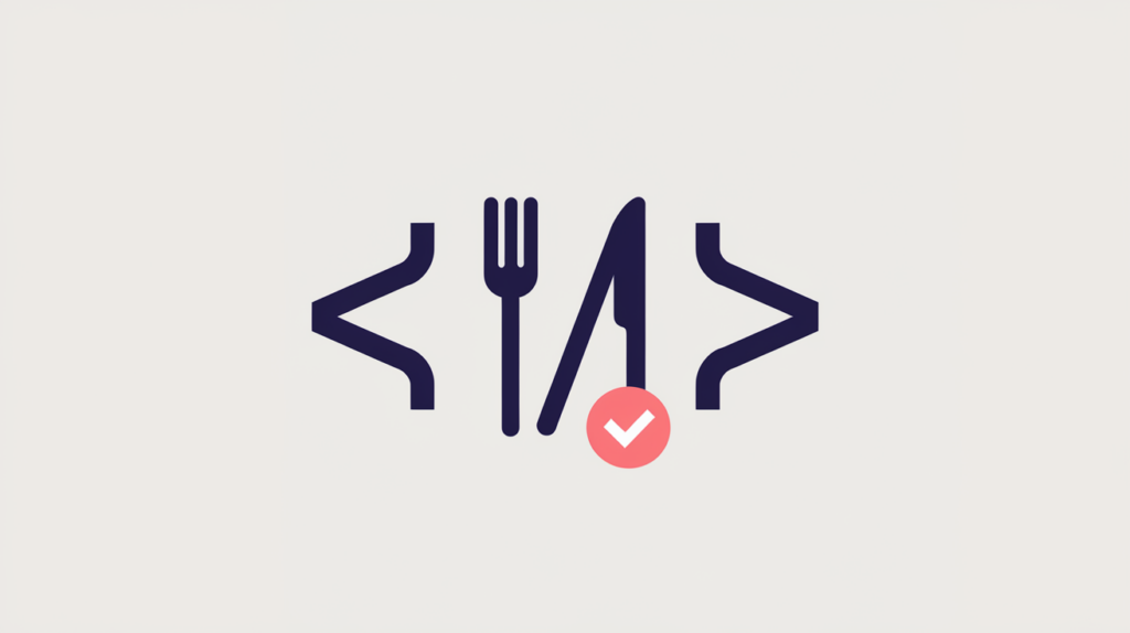 Abstract illustration of a JSON-LD code bracket around a restaurant fork-and-knife icon with a detection checkmark, in RankGear indigo and coral.