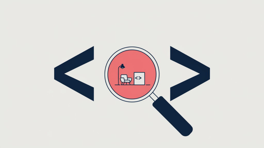 Abstract illustration of a magnifier detecting a FurnitureStore JSON-LD schema type inside code braces, in RankGear indigo and coral.
