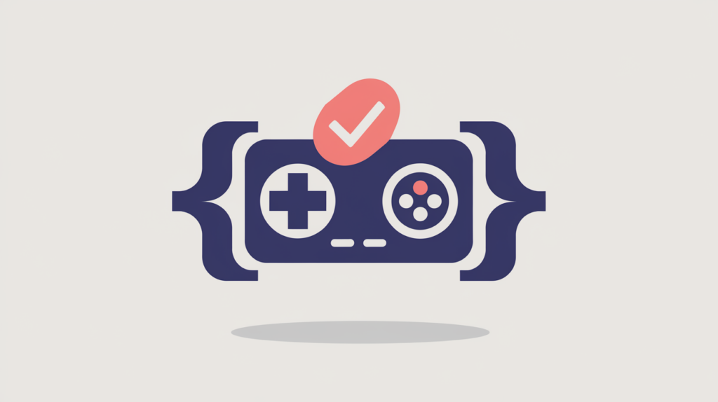 Abstract illustration of a game controller inside JSON-LD braces marking a detected Game schema type, in RankGear indigo and coral.
