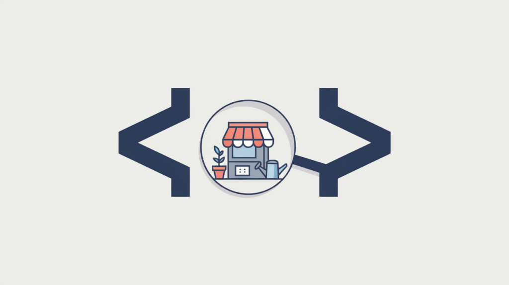 Abstract illustration of a magnifier detecting a GardenStore JSON-LD schema type inside code braces beside a potted seedling and storefront, in RankGear indigo and coral.