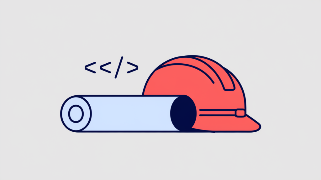 Abstract illustration of a general contractor schema tag rendered as JSON-LD code brackets, in RankGear indigo and coral.