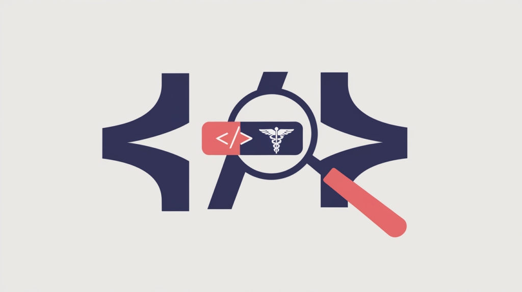 Abstract illustration of a JSON-LD structured-data type for geriatric medical specialty being detected in page source, in RankGear indigo and coral.