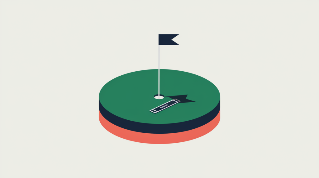 Abstract illustration of a golf course marker tagged with JSON-LD structured data, in RankGear indigo and coral.