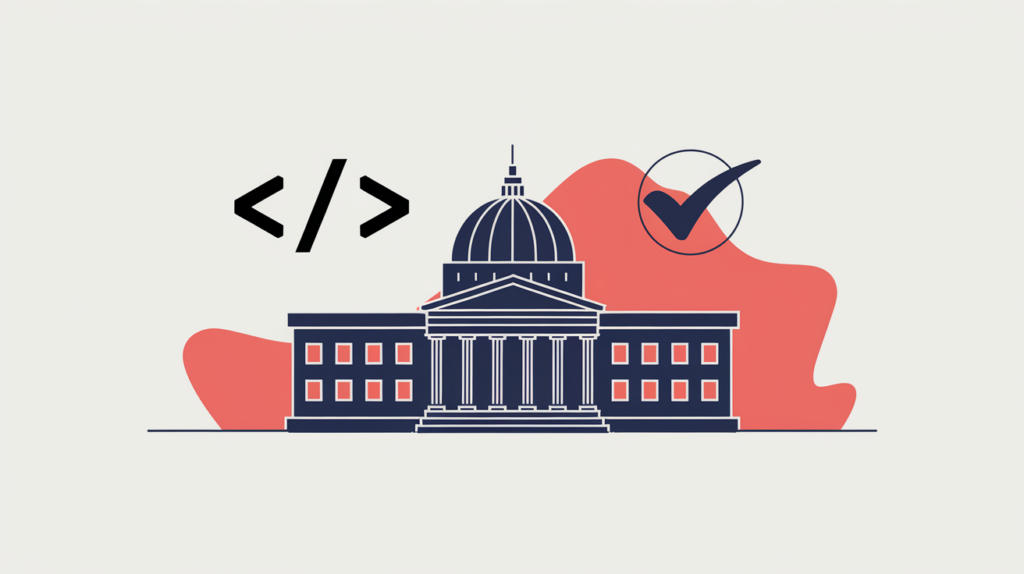 Abstract illustration of a government building tagged with a JSON-LD schema code bracket, in RankGear indigo and coral.