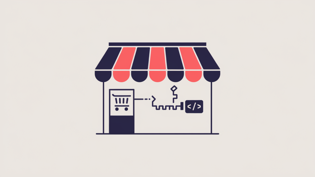 Abstract illustration of a grocery storefront linked to a JSON-LD schema type marker, in RankGear indigo and coral.
