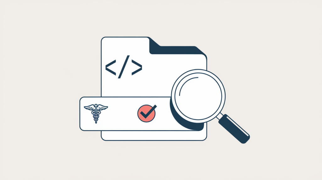Abstract illustration of a JSON-LD schema node for a gynecologic medical specialty being matched in page source, in RankGear indigo and coral.