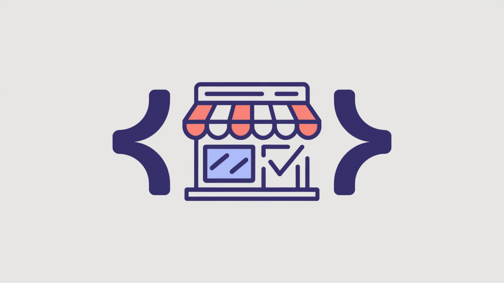 Abstract illustration of a hair salon entity wrapped in JSON-LD code brackets, in RankGear indigo and coral.