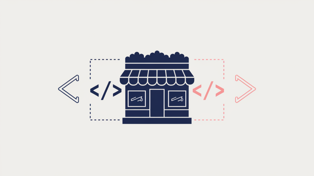 Abstract illustration of a health-and-beauty business icon inside JSON-LD schema brackets being scanned for a matching type, in RankGear indigo and coral.