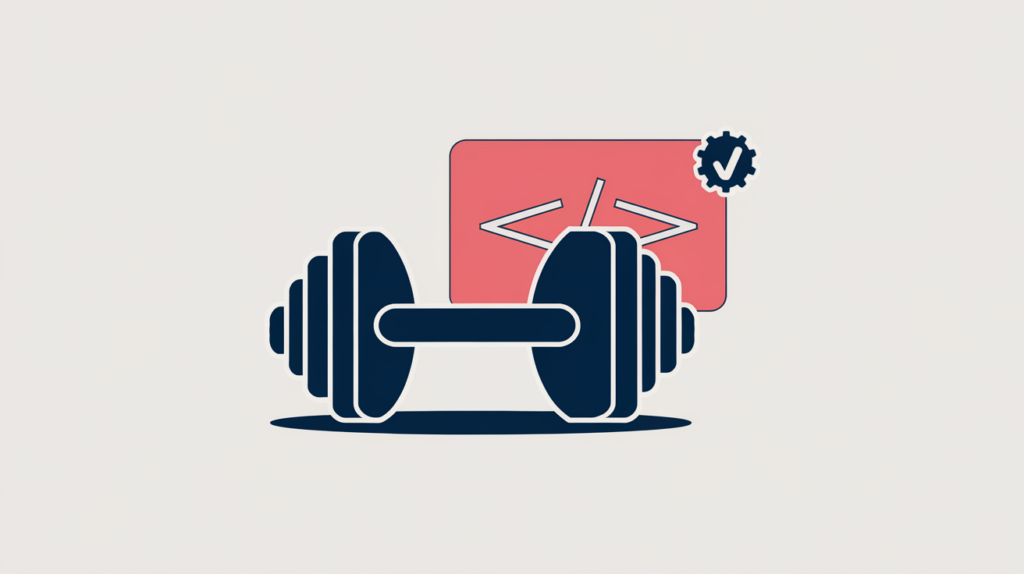 Abstract illustration of HealthClub structured-data markup shown as code brackets around a dumbbell, in RankGear indigo and coral.