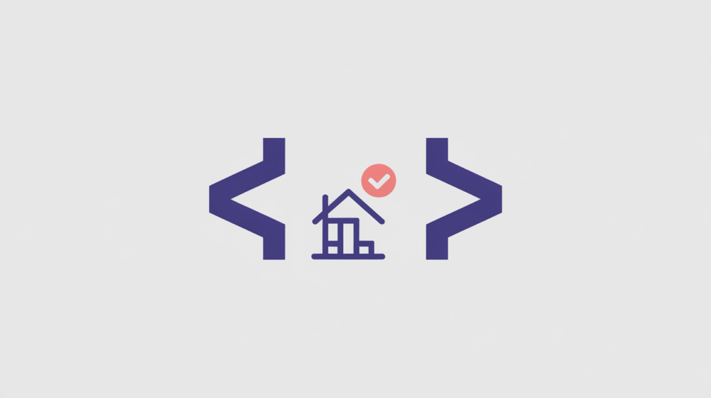 Abstract illustration of a JSON-LD code bracket wrapping a home-and-construction business icon with a detection checkmark, in RankGear indigo and coral.