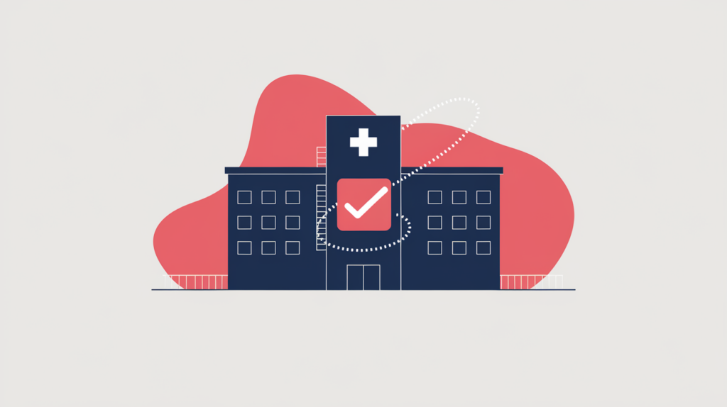 Abstract illustration of a hospital wrapped in a JSON-LD schema tag, in RankGear indigo and coral.