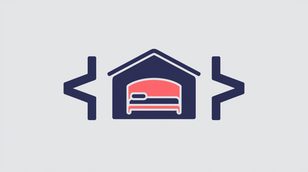 Abstract illustration of a hostel icon inside a JSON-LD code bracket with a detected-tag checkmark, in RankGear indigo and coral.