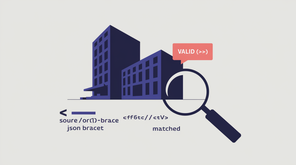 Abstract illustration of a hotel building tagged with JSON-LD structured data detected in page source, in RankGear indigo and coral.