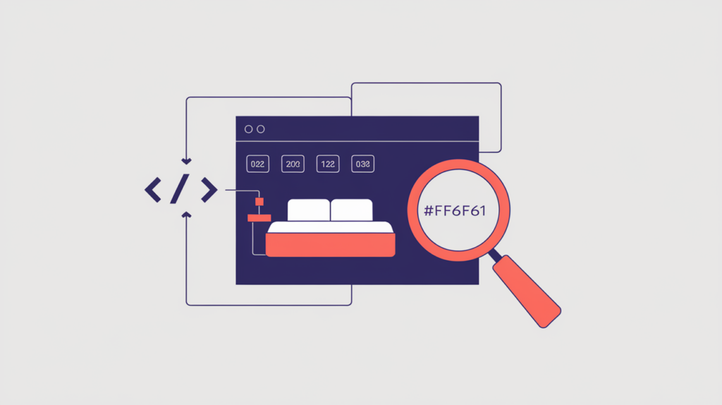Abstract illustration of a hotel-room structured-data card linked to a JSON-LD code node being scanned in raw source, in RankGear indigo and coral.