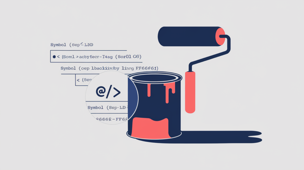 Abstract illustration of a house-painter roller as a JSON-LD schema node found in page source, in RankGear indigo and coral.