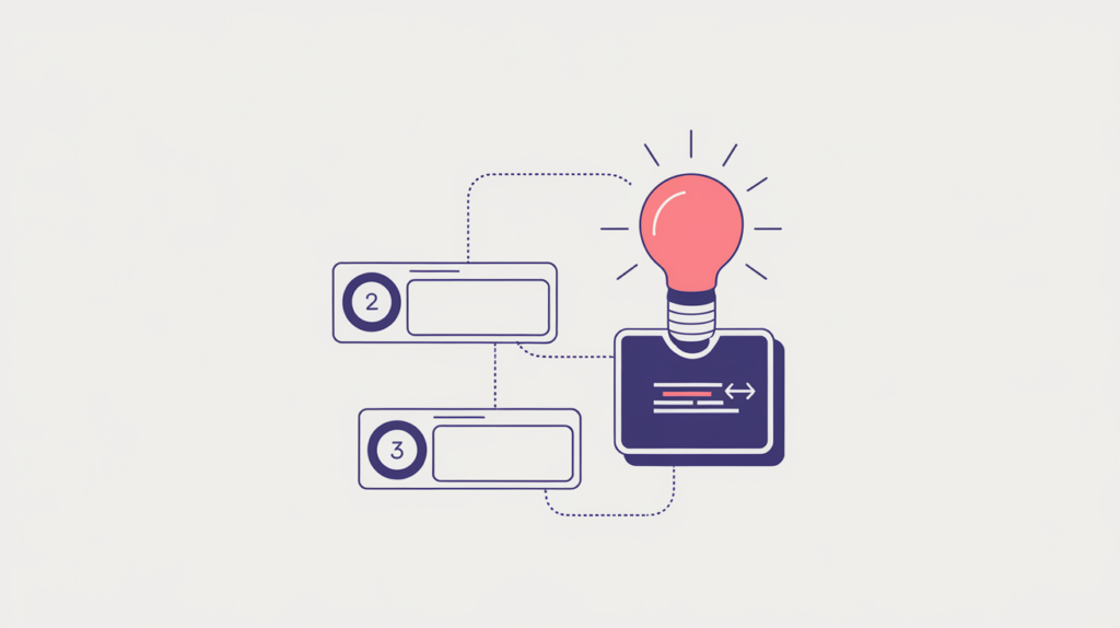 Abstract illustration of an optional how-to tip card linked to a step list with a schema tag, in RankGear indigo and coral.