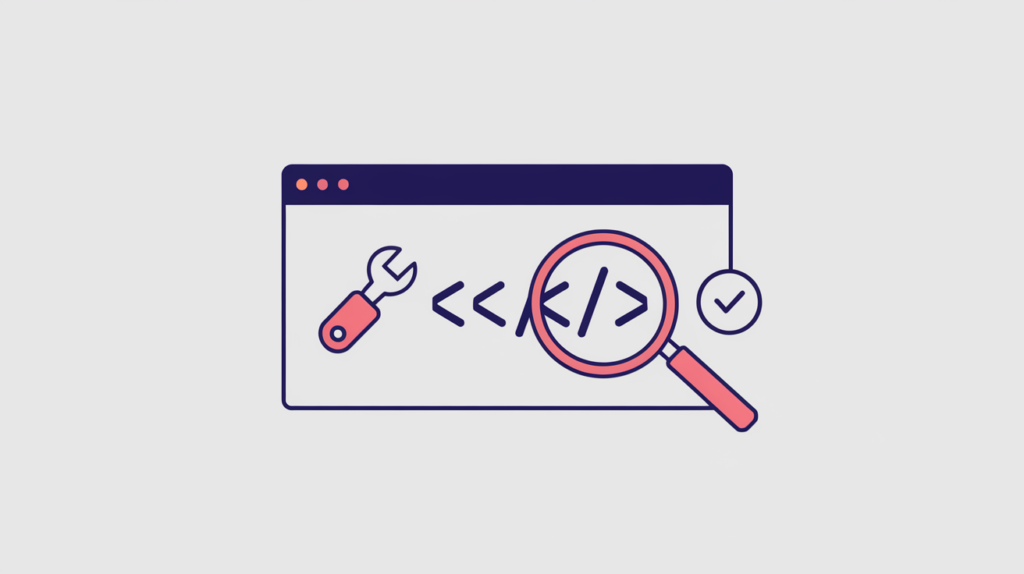 Abstract illustration of a JSON-LD HowToTool schema card with a tool icon being detected in page source, in RankGear indigo and coral.
