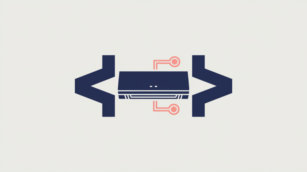 Abstract illustration of an HVAC unit inside JSON-LD schema brackets, in RankGear indigo and coral.