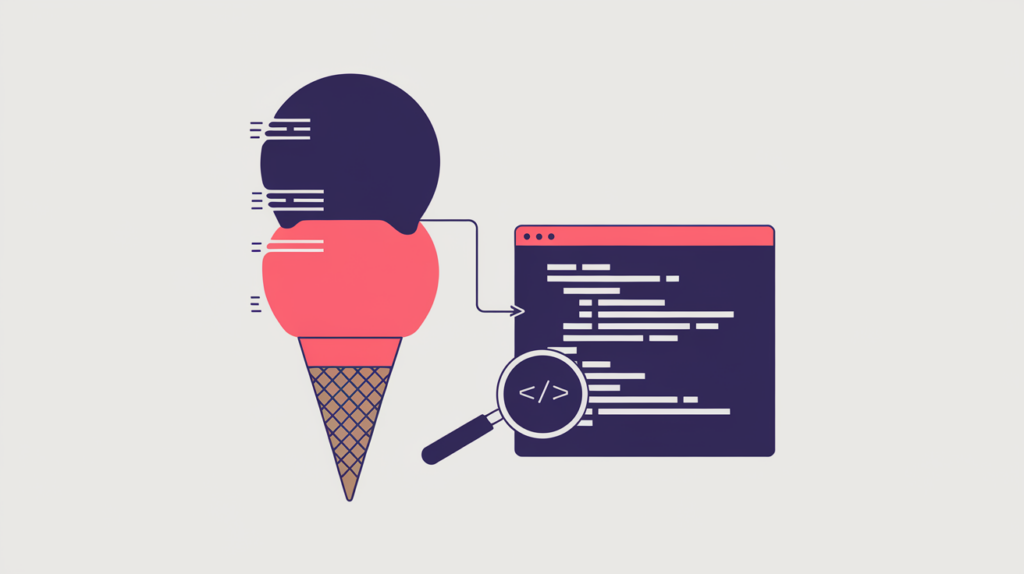 Abstract illustration of an ice-cream cone as a JSON-LD schema node being detected in page source, in RankGear indigo and coral.