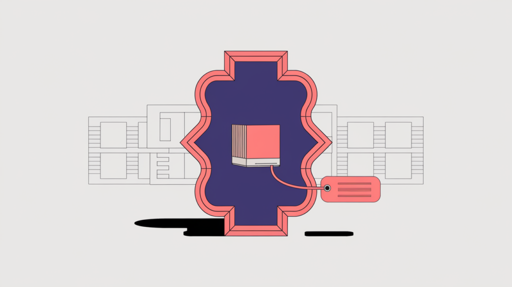 Abstract illustration of a single individually identifiable product marked inside structured-data brackets, in RankGear indigo and coral.
