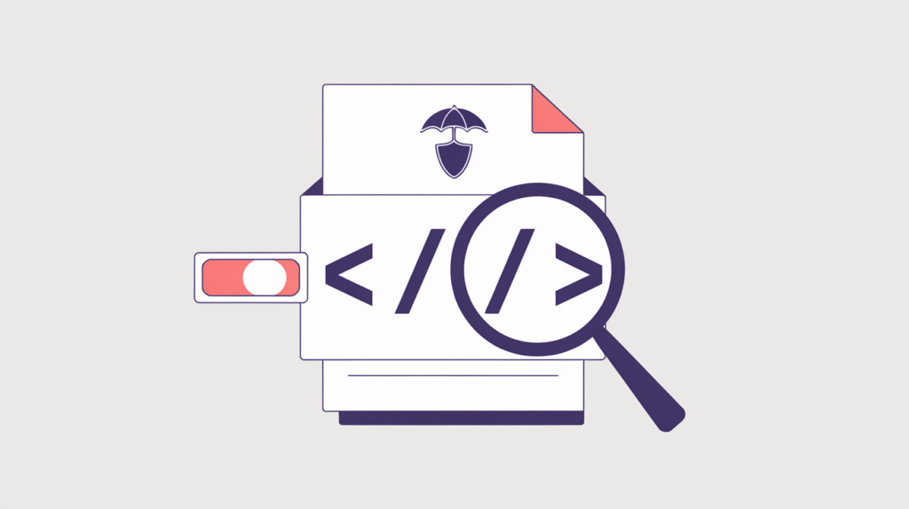 Abstract illustration of an insurance-agency schema emblem inside JSON-LD braces being scanned for presence, in RankGear indigo and coral.