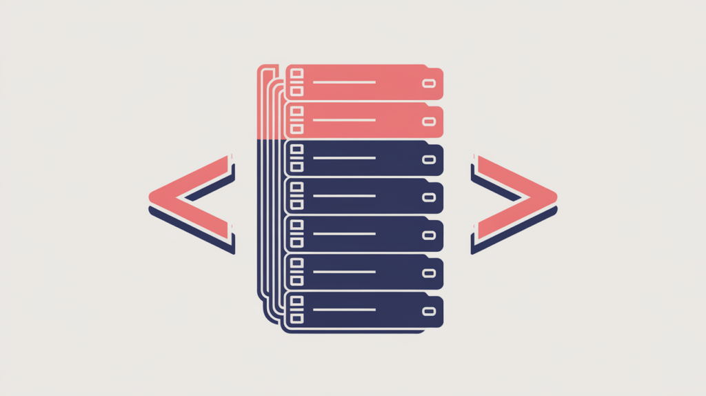 Abstract illustration of a numbered, linked ItemList of cards inside a JSON-LD code bracket, in RankGear indigo and coral.
