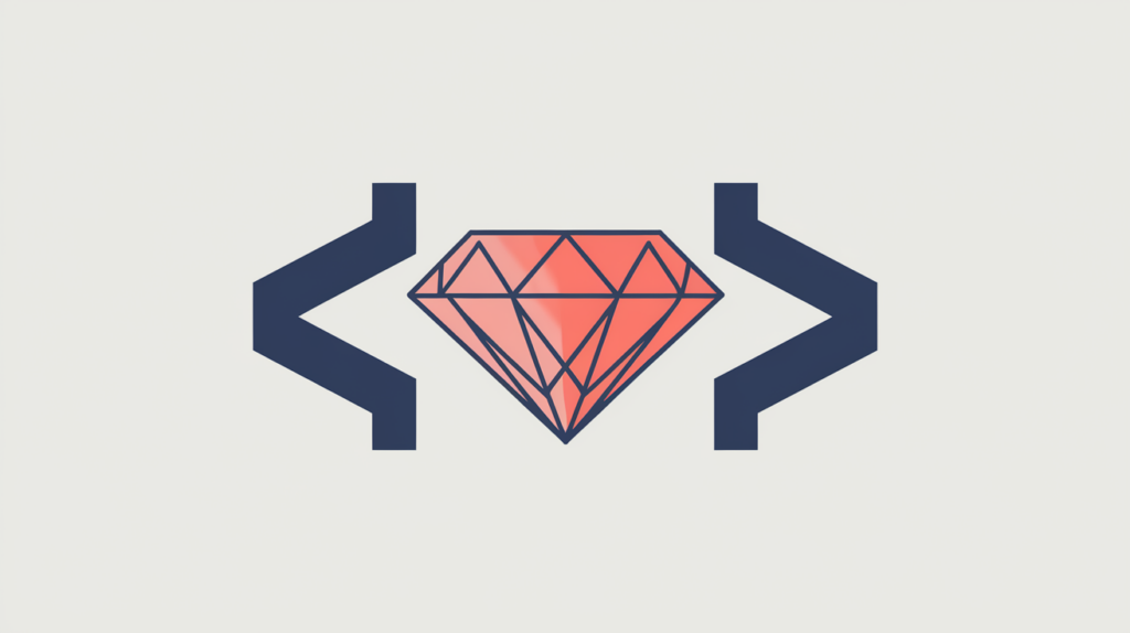 Abstract illustration of a gemstone inside code braces representing JSON-LD JewelryStore schema detection, in RankGear indigo and coral.