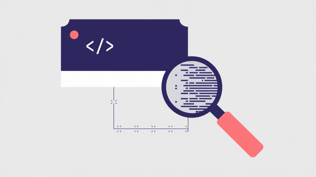 Abstract illustration of a job-posting card linked to JSON-LD structured data detection, in RankGear indigo and coral.